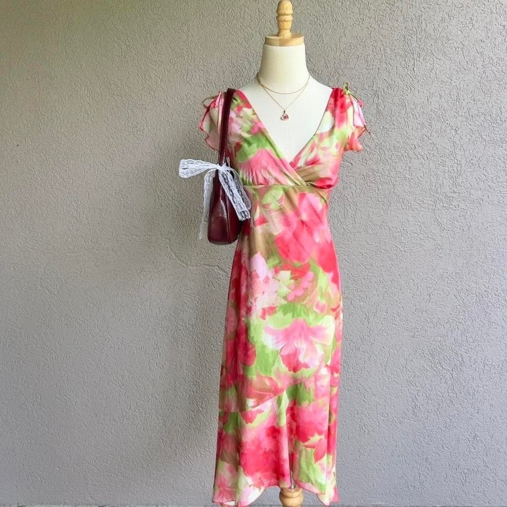 Vintage Y2K Pink & Green Floral Fairy Midi Dress Sz Medium Asymmetrical Cottage